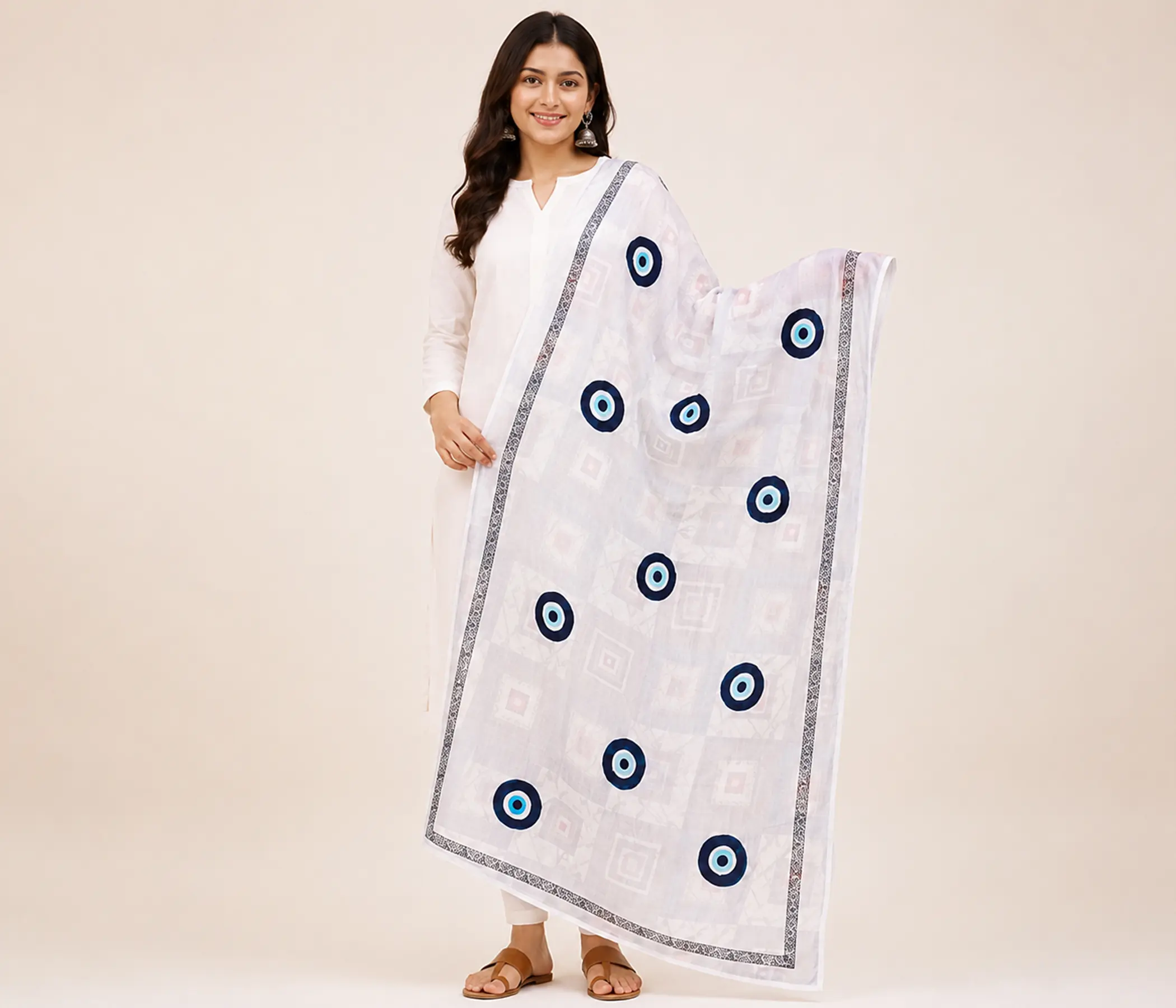 Hand-Painted White Cotton Dupatta with Evil Eye Charms